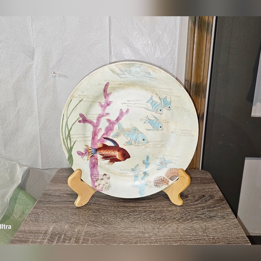 Vintage Decorative Coral Reef & Fish Plate with Stand- EUC